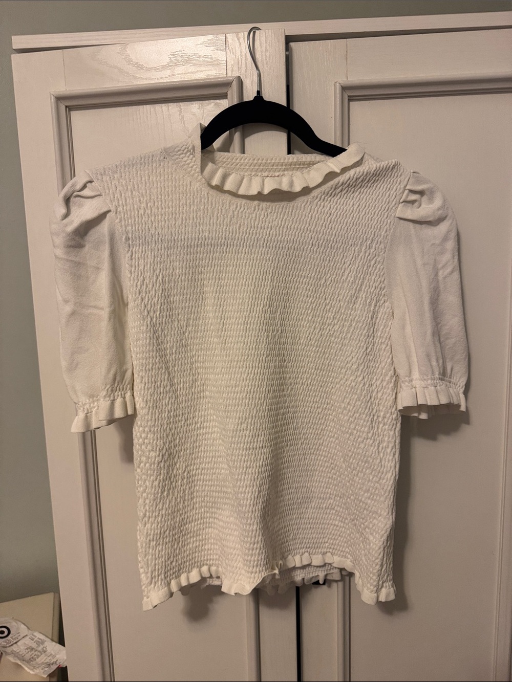 Philosophy Cream Smocked Ruffle-Neck Puff Sleeve Top